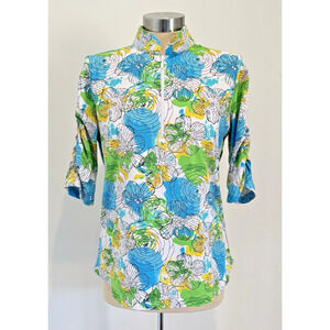 IBKUL Women's M Paddy Print Ruched Elbow Length Sleeve Top Blue Yellow UPF 50